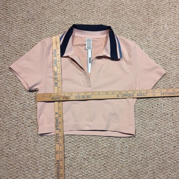 Victoria's Secret PINK Seemless Polo Womens Medium Collar Crop Top Short Sleeve - Picture 2 of 6